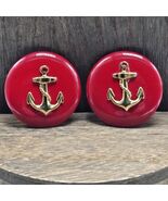 80's Gold Tone Anchor Earrings Pierced Nautical Red Metal Circle Stud St... - $13.00