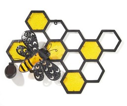 Bee Solar Honeycomb Plaque 23&quot; Long Hanging Glass Metal Garden Black Yellow - $59.39