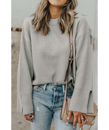 Gray Textured Knit Split Cuff Drop Shoulder Loose Sweater - $53.98 CAD