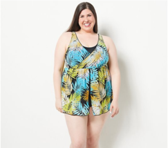 Denim &amp; Co. Beach Printed Surplice Swim Dress (BlackAquaPalm, Reg 12) A4... - £18.88 GBP