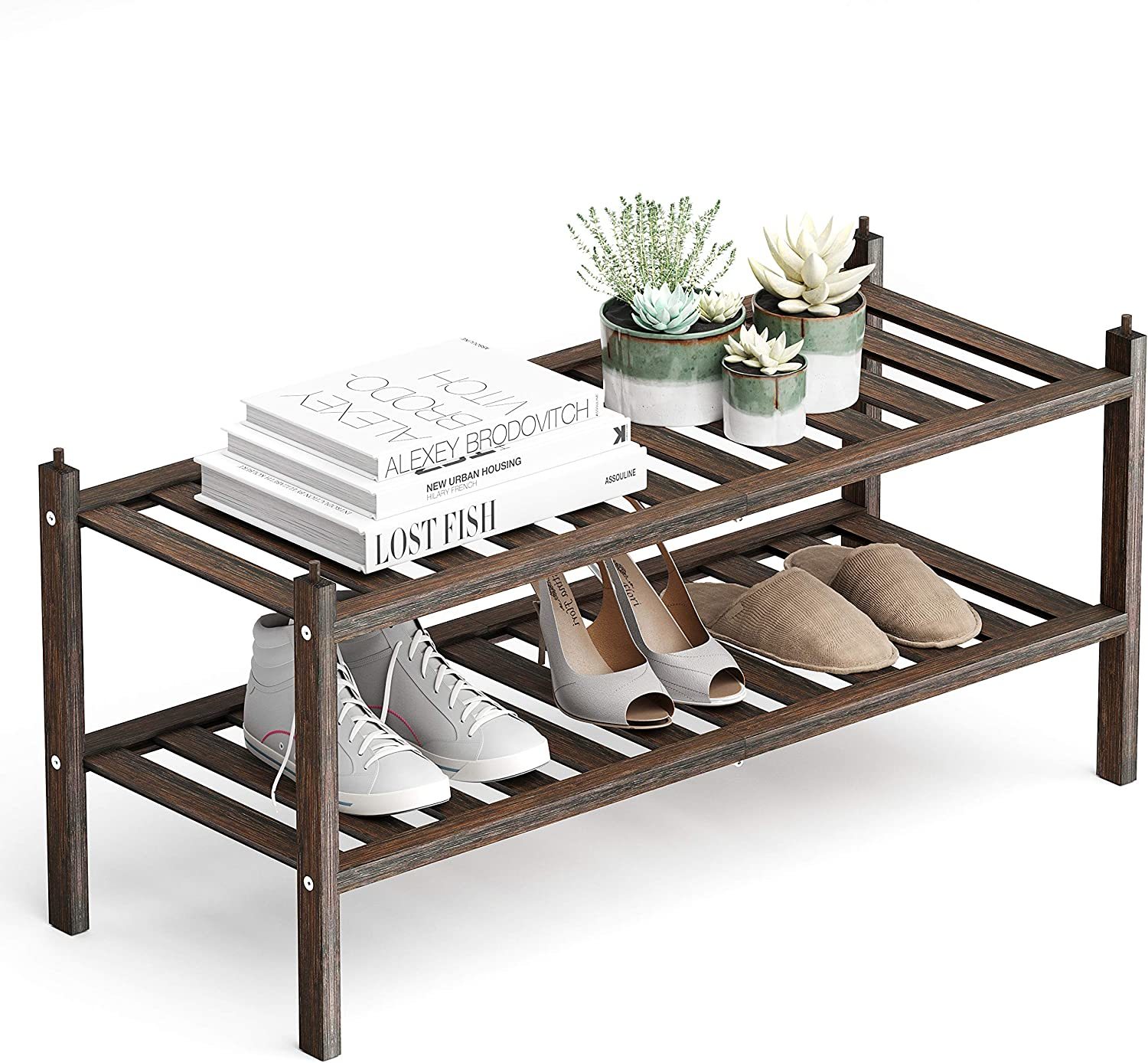 Dranixly Bamboo 2-Tier Shoe Rack, Mocha, 27&quot;X11&quot;X13&quot; Stackable Shoe, And... - $35.98