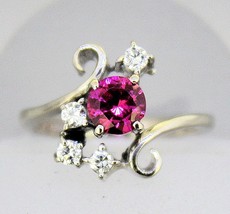 Created Ruby Solitaire &amp; .16 Ct Diamond Ring Real Solid 14 Kw Gold 5.0 G Size 6 - £587.52 GBP