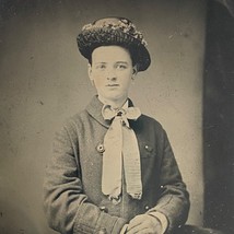 1800s Ferro Tintype Young Woman Pink Cheeks Bowtie Wearing Hat Portrait - $19.95