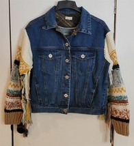 Womens S POL Blue Denim Jean Coat Jacket Multicolor Knit Sweater Sleeves - £30.38 GBP