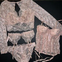 Victoria&#39;s Secret Long-sleeve M,M/DD,L Bra Set+Garter Corset Beige Silver Blush - £233.00 GBP