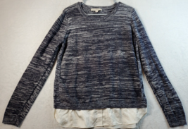 LOFT Blouse Top Womens Large Gray White Knit 100% Cotton Long Sleeve Round Neck - £12.59 GBP
