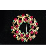 Eisenberg Ice Christmas Wreath Brooch Pin Red Green Rhinestone Gold Tone... - $34.95