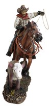 Rustic Western Cowboy Riding On Horse Rodeo Tie Down Roping A Calf Figurine - $69.99