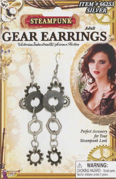 Primary image for SteamPunk Cosplay Victorian Style Silver Toned Gear Earrings, NEW UNWORN SEALED
