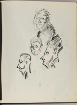 Vintage Graphite Pencil Drawing on Paper Mid Century Four Men tob - $93.56