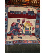 Baby quilt handmade handquilted in blues with little pink train and rag ... - £14.22 GBP
