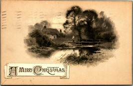 Cabin Scene Wood Bridge A Merry Christmas Embossed Winsch Back 1912 Postcard - £3.07 GBP