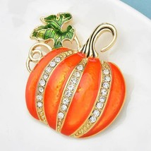 Gold Pumpkin Rhinestone Enamel Brooch Fall Halloween 2 3/4&quot; - £15.08 GBP