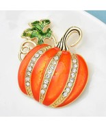 Gold Pumpkin Rhinestone Enamel Brooch Fall Halloween 2 3/4&quot; - £15.12 GBP
