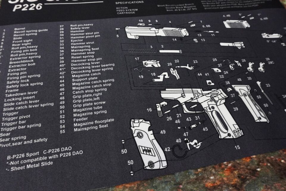 Gun Cleaning Mat for Sig Sauer P226 Breakdown Schematics Parts Diagram - $15.99