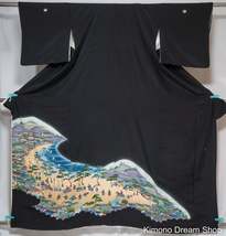 Oceanside Scenery Silk Tomesode - Vintage Formal Women&#39;s Kimono - Scener... - $62.00