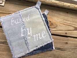 Upcycled Denim Jeans Personalized Pot Holders Hot Pads Customized Denim ... - $14.85