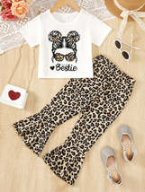 Girls Bestie Round Neck T-Shirt and Leopard Pants Set - £20.78 GBP
