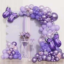 Purple Butterfly Balloon Garland Arch Kit 150 Pcs Metallic Purple Silver Balloon - £12.70 GBP