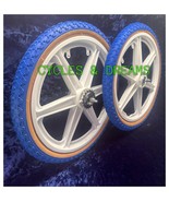 20&quot; BICYCLE MAG WHEELS 6 SPOKES ALL WHITE WITH BLUE GUM TIRES + TUBES + COG - £129.22 GBP