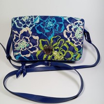 Vera Bradley Handled Tote Handbag Blue Floral Cotton Purse with Ribbons &amp; Logo - £18.36 GBP