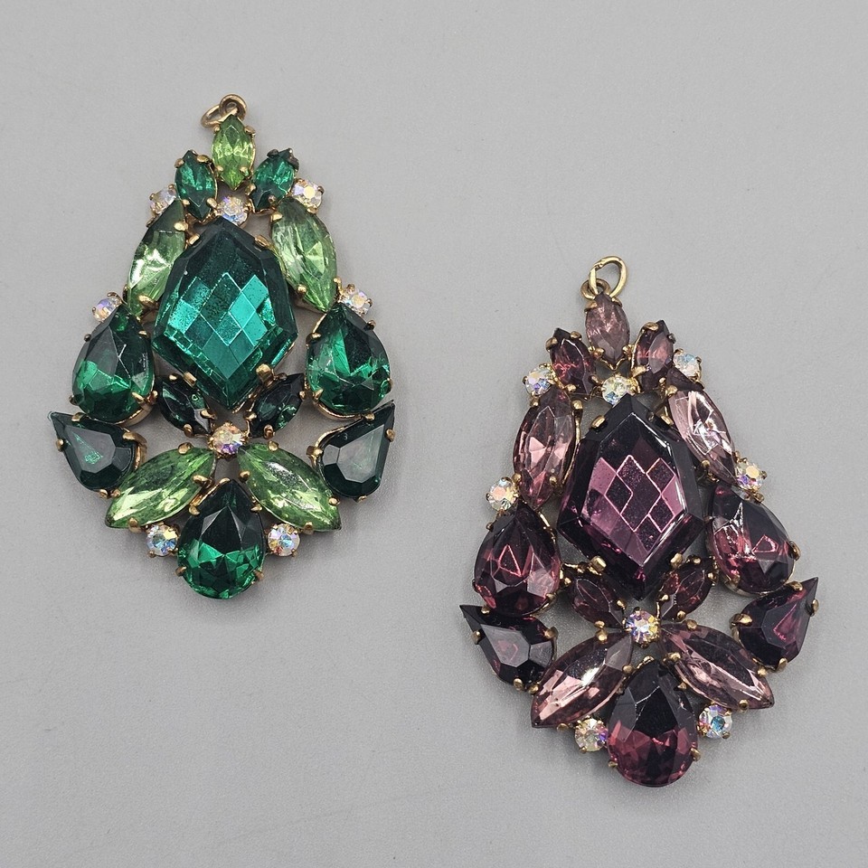 Vtg Oversized Chunky Rhinestone Pendants (2) Foil Back Deep Green Purple AB - $49.99