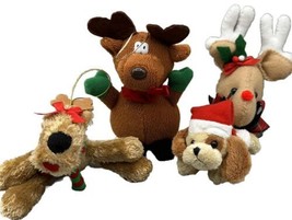 Ornament Christmas  4 Plush 3 Reindeer 1  Dog  Poly Fibers Pellets - £13.46 GBP