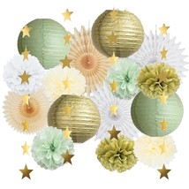 Sage Green Party Decorations Paper Lanterns Decorative Sage Green Gold And White - £32.06 GBP