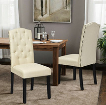 Dining Chairs Set of 2 Tufted Upholstered Chair White Beige Linen Fabric Wood - £123.95 GBP