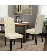 Dining Chairs Set of 2 Tufted Upholstered Chair White Beige Linen Fabric... - £122.91 GBP