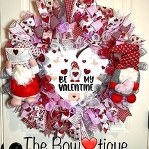 XL Handmade Be My Valentine Gnome Hearts Ribbon Prelit Wreath 26 ins LED... - $110.00