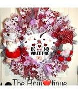 XL Handmade Be My Valentine Gnome Hearts Ribbon Prelit Wreath 26 ins LED... - £86.50 GBP