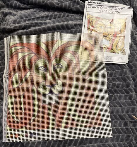 Vtg Vogart Lion Pillow 15” Cross Stitch Craft Quickpoint Canvas + Pamphlet only - $17.15