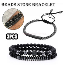 3Pcs Men&#39;s Punk Black Bead Stainless Steel Plate Bracelet Bangle casual Jewelry - £8.81 GBP