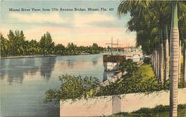 Linen FL Postcard E038 Miami River View 17th Avenue Bridge Boats Palm Trees - £5.55 GBP