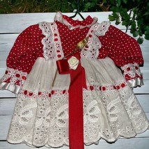 Vintage Doll Red &amp; White Lace Dress w Hanger Flower mouse polka dot Handmade - £15.82 GBP