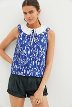 New Anthropologie Maeve Pintucked Blouse $120 SIZE 4 Blue Retro Abstract Floral - £42.47 GBP