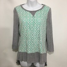 Weston Wear Anthropologie XS Green Ivory Lace Gray 3/4 Sleeve Top - £17.36 GBP