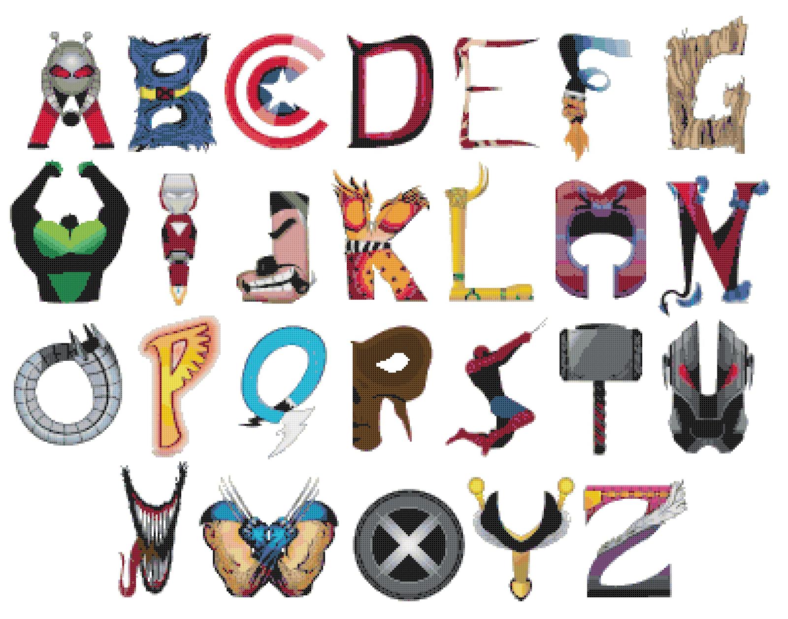 counted cross stitch pattern alphabet marvel ABC chart 386x297 stitches BN1677