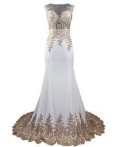 Sheer Bateau Long Mermaid Gold Lace Beaded Crystals Formal Prom Evening Dresses  - £75.87 GBP
