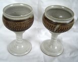  Vintage Art Pottery  Wine Goblets Light Grey w  Brown Accents Strip Ste... - $24.99