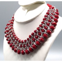 Red Crystal Beaded Mesh Bib Collar, Holiday Necklace with Silver Tone Links - £47.78 GBP