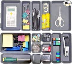 15PCS Interlocking Desk Drawer Organizer Tray Set Black Kitchen Bath New - $9.89