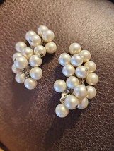 Mid Century Faux Pearl Cluster Crescent Bead Clip Earrings MCM Bold Stat... - $18.80