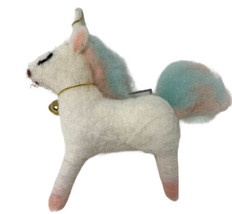 Silver Tree Christmas Ornament White Wooly Furry Rainbow Unicorn in Pastels tags - £7.04 GBP