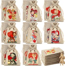 96 Pcs Valentines Treat Bags Linen Valentine&#39;s Day Retro Vintage Heart Burlap Gi - £24.04 GBP