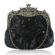 Women&#39;s Antique Beaded Party Clutch Vintage Rose Purse Evening Handbag make up b - £44.52 GBP