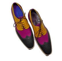 Mens Multi Color Black Purple Yellow Handmade Oxford Lace Up Leather Shoes - £117.53 GBP+