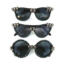 Gothic Sunglasses Black Cat Eye Skull Rhinestone Gorgeous Cateye Round Eyewear - £10.44 GBP