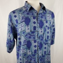 Vintage Shah Safari Men&#39;s Rayon Button Down Shirt Short Sleeve Large Blue Casual - £19.69 GBP
